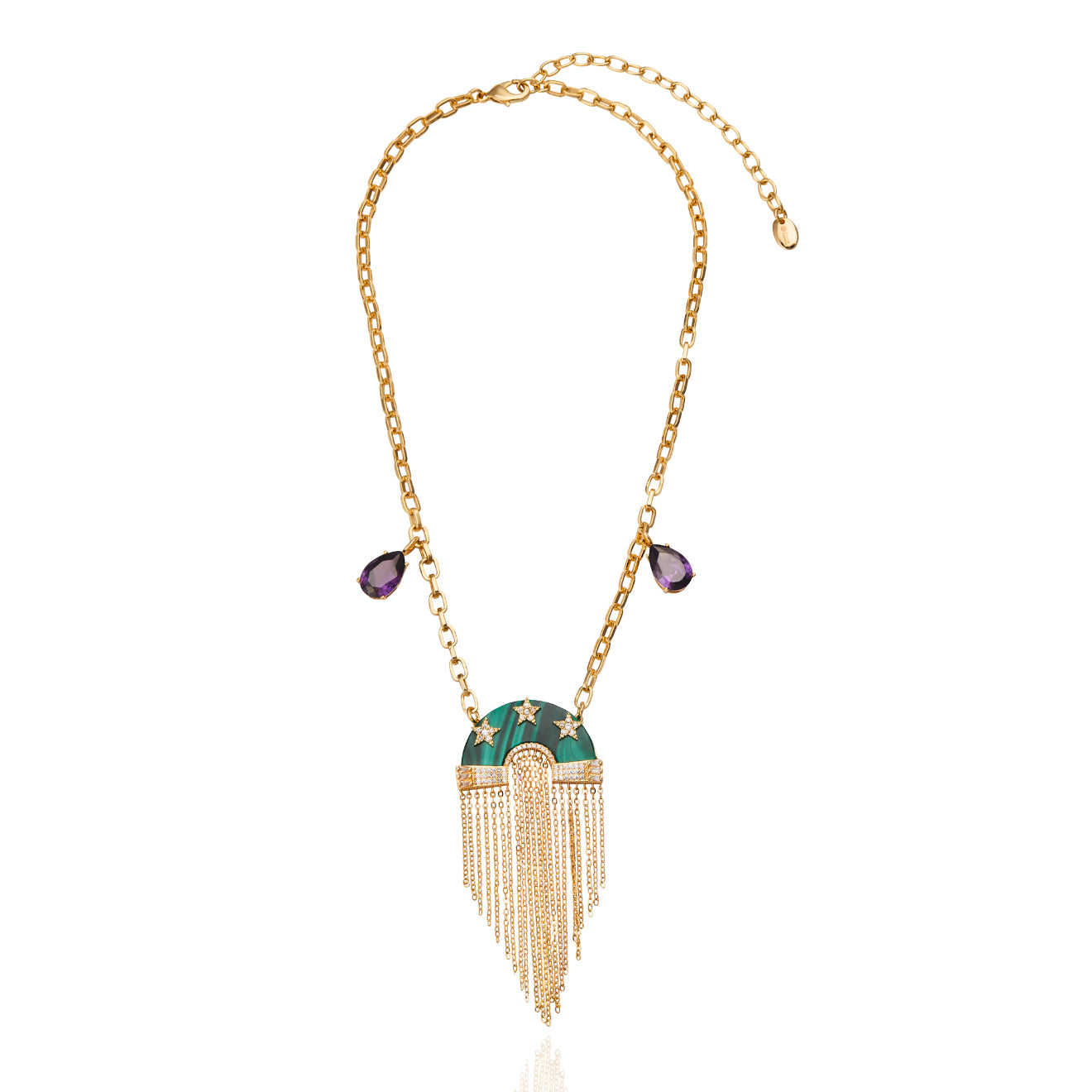 Miranda Fringe Necklace with Mob Malachite & Amethyst Gold