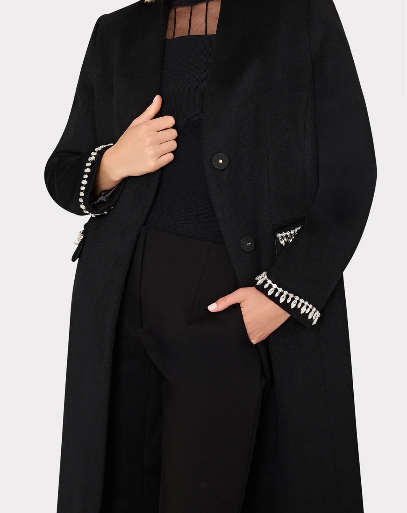 Embellished Trim Long Coat