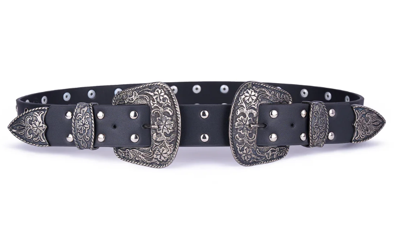 Double - Buckle Leather Belt with Studs