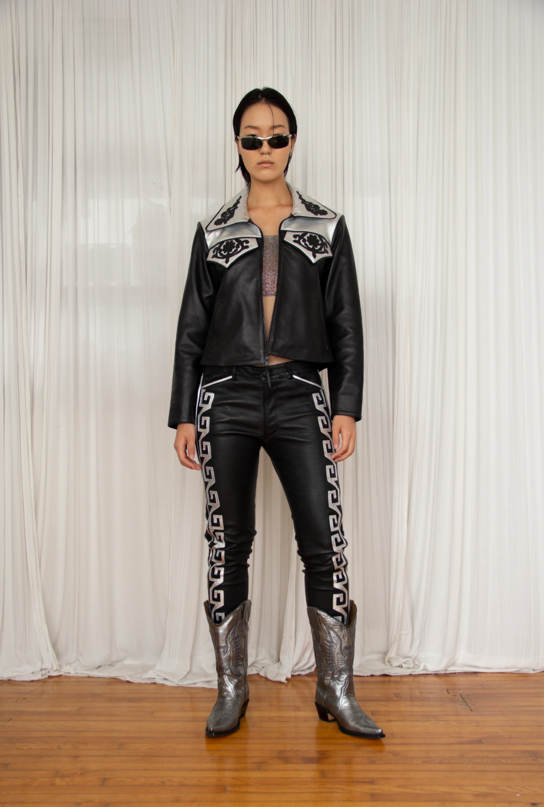 Silver Greca Leather Pants