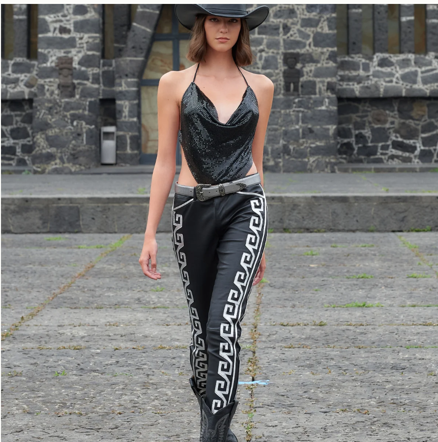 Silver Greca Leather Pants