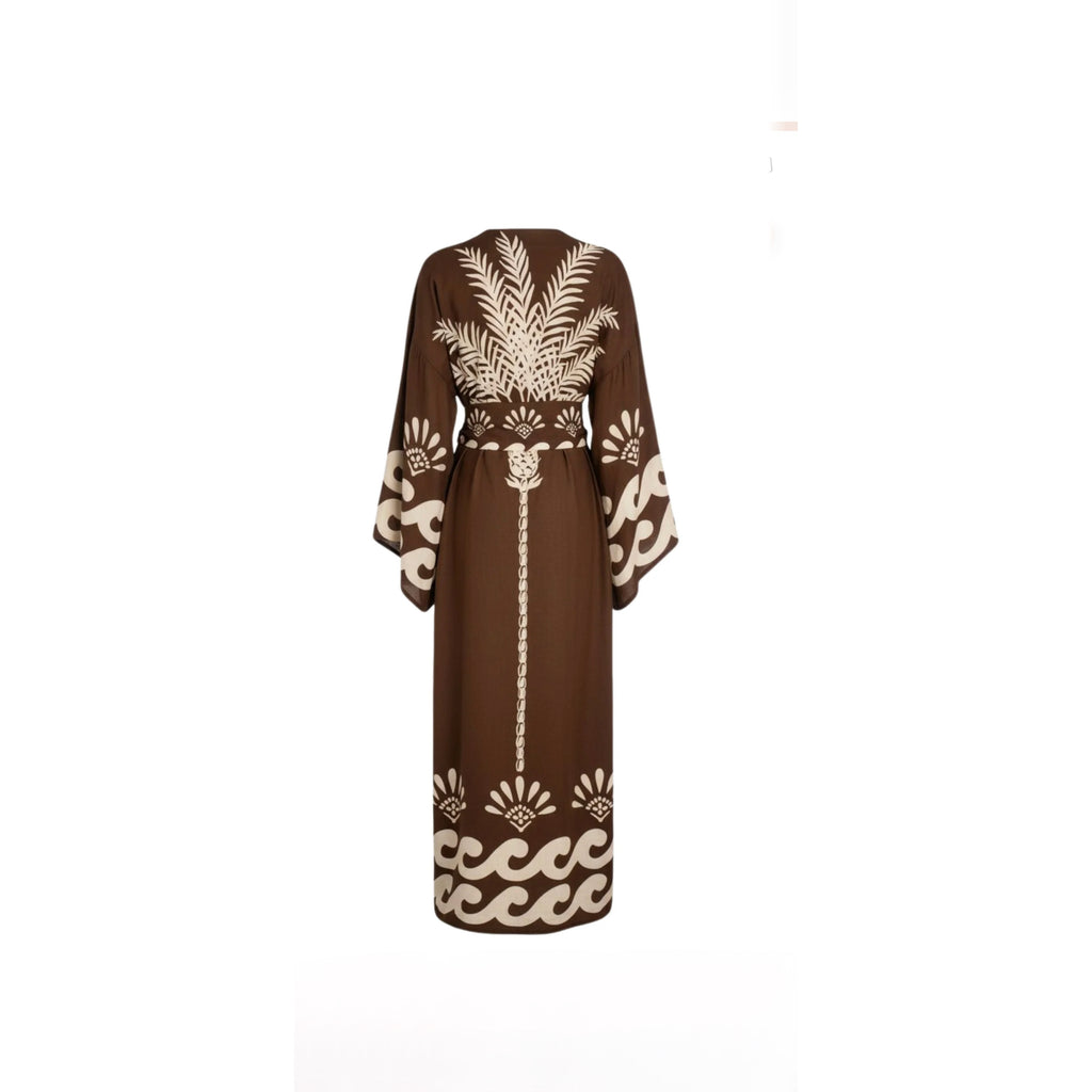 ISABEL BEACHWEAR
KIMONO MAXI LINO PALM BROWN - IVORY