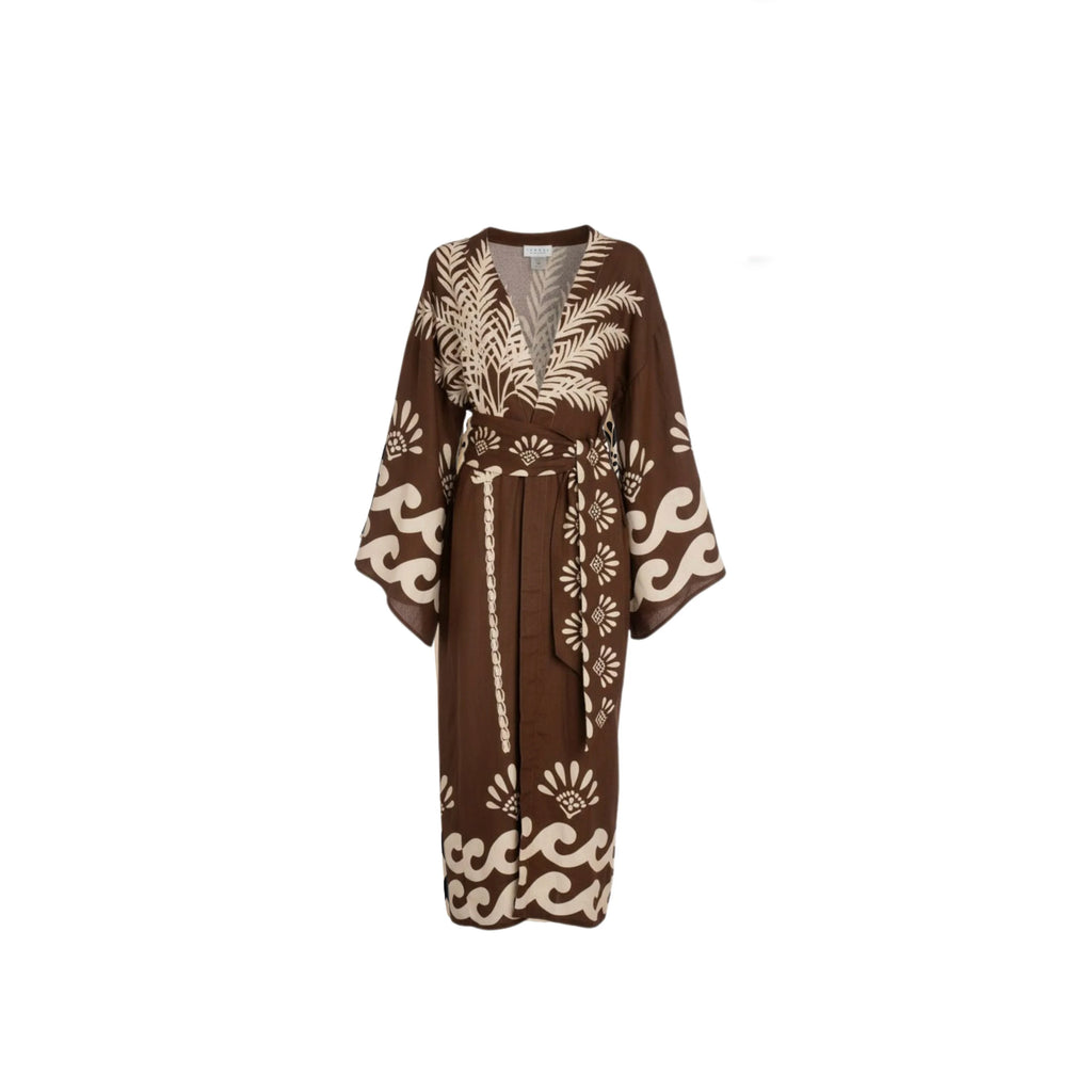 ISABEL BEACHWEAR
KIMONO MAXI LINO PALM BROWN - IVORY