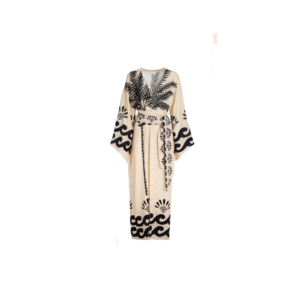 ISABEL BEACHWEAR
KIMONO MAXI LINO PALM IVORY-BLACK