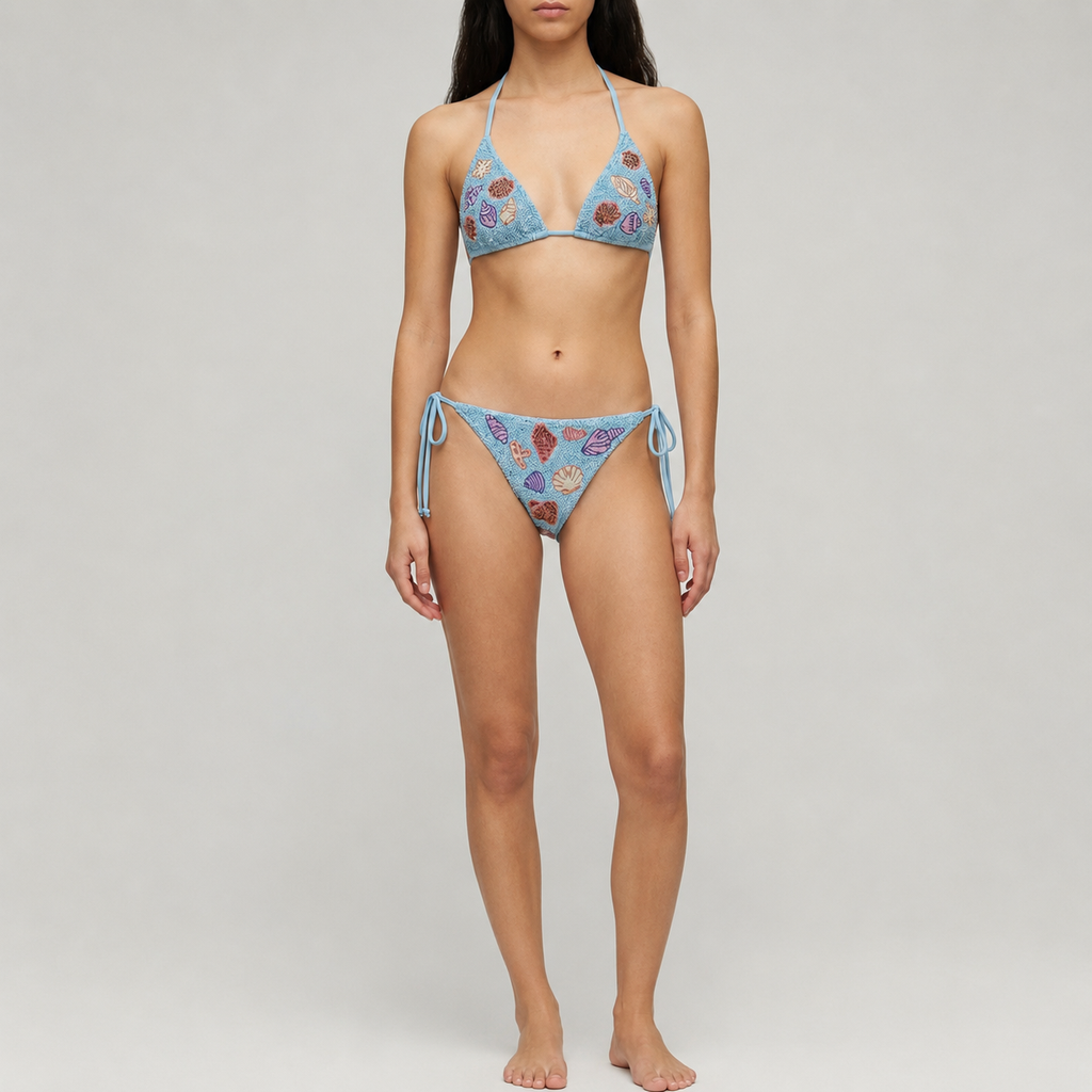 Oceanus Sea Shell Beaded Bikini Set in Blue